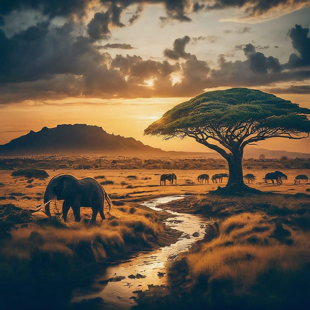 A serene image capturing the delicate balance between wildlife encounters and conservation efforts in Africa, complementing the subheading of the blog post 'Africa Unveiled.' Majestic animals roam freely in their natural habitat, illustrating the harmonious coexistence between humans and wildlife, a central theme explored in the article