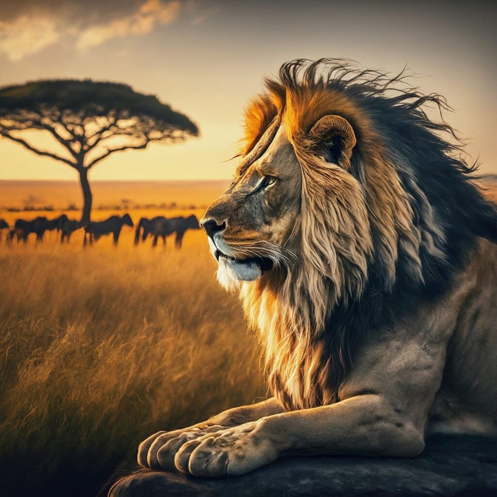 A majestic lion surveys the sprawling plains of the Masai Mara, silhouetted against the golden light of the setting sun. In the distance, a herd of zebras and wildebeests graze peacefully.