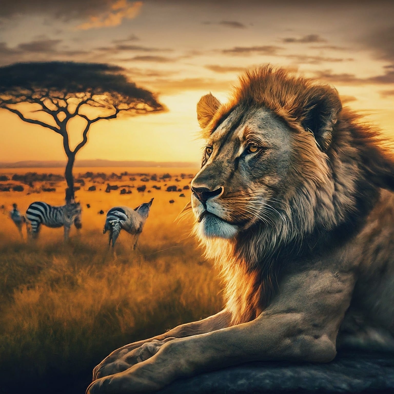 A majestic lion surveys the sprawling plains of the Masai Mara, silhouetted against the golden light of the setting sun. In the distance, a herd of zebras and wildebeests graze peacefully.