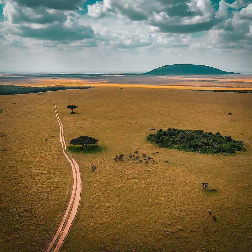 : A breathtaking aerial view of the Masai Mara showcases the diverse tapestry of the ecosystem. Wildebeests migrate in a swirling mass across the plains, their hooves kicking up dust clouds. Lions lounge in the shade of acacia trees, while zebras graze nearby. The Mara River winds its way through the landscape, its banks lined with lush vegetation.