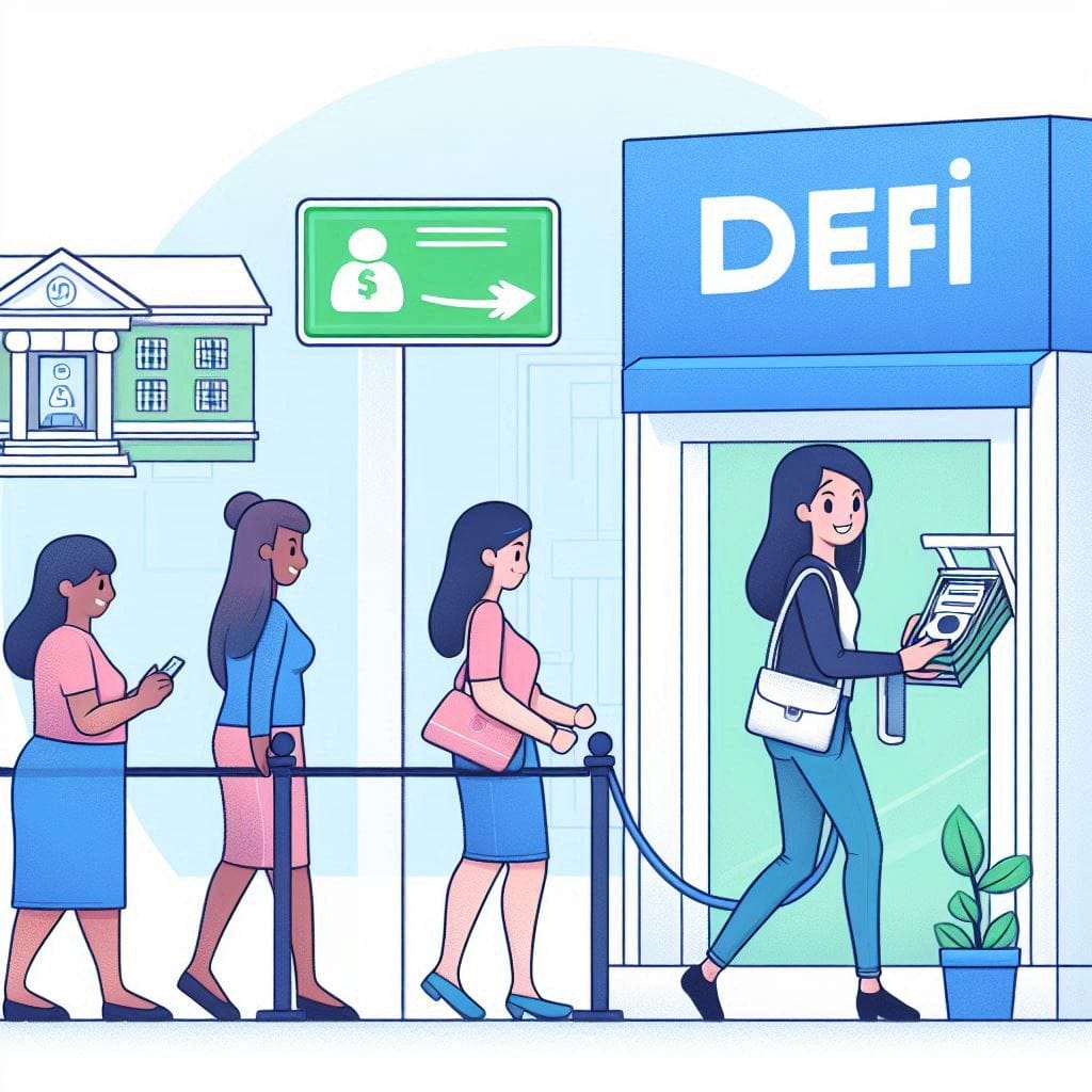 A cartoonish graphic of a person easily getting a loan via a DeFi platform, skipping a long line at a traditional bank.