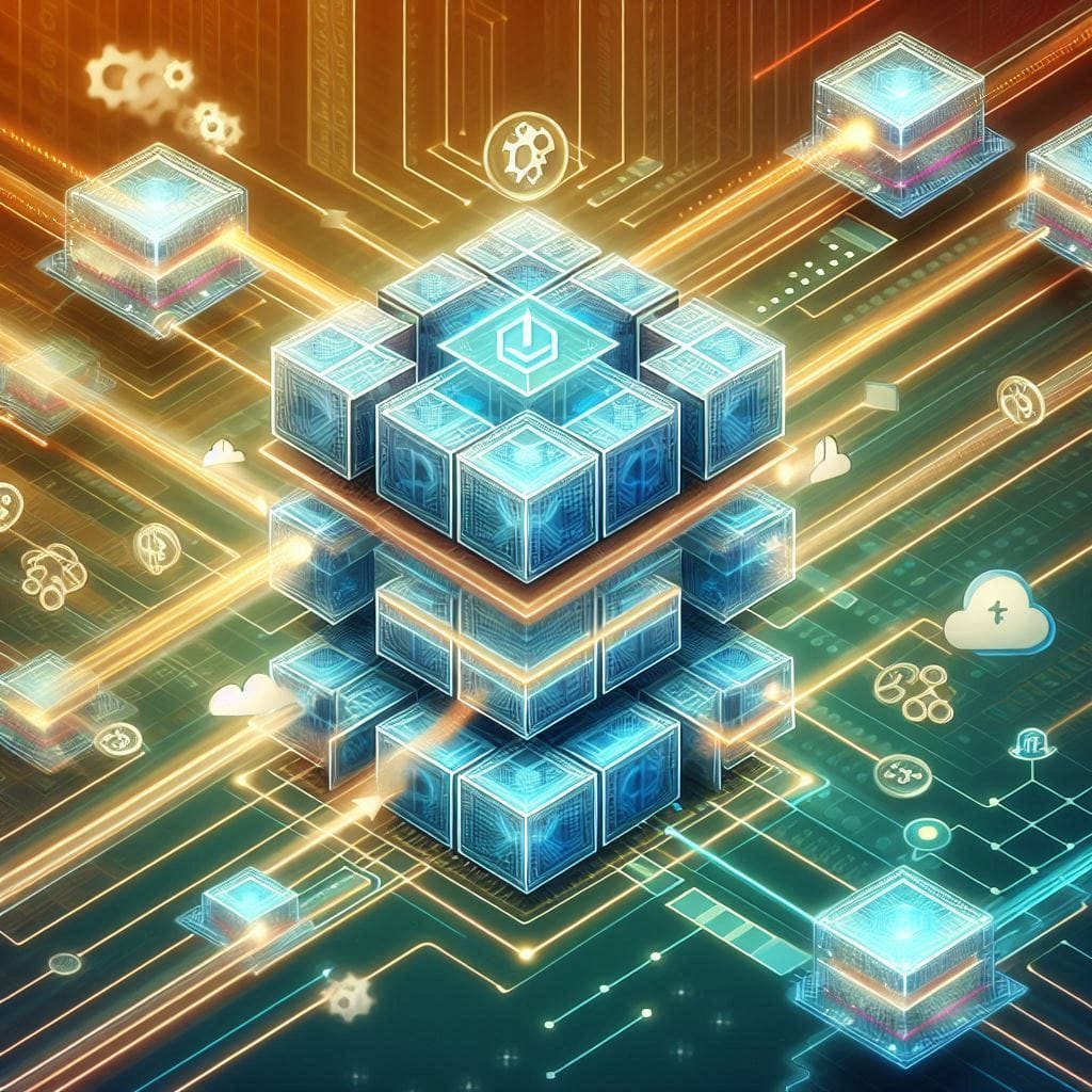 A graphic depicting a blockchain network getting faster and more efficient, with layers and nodes