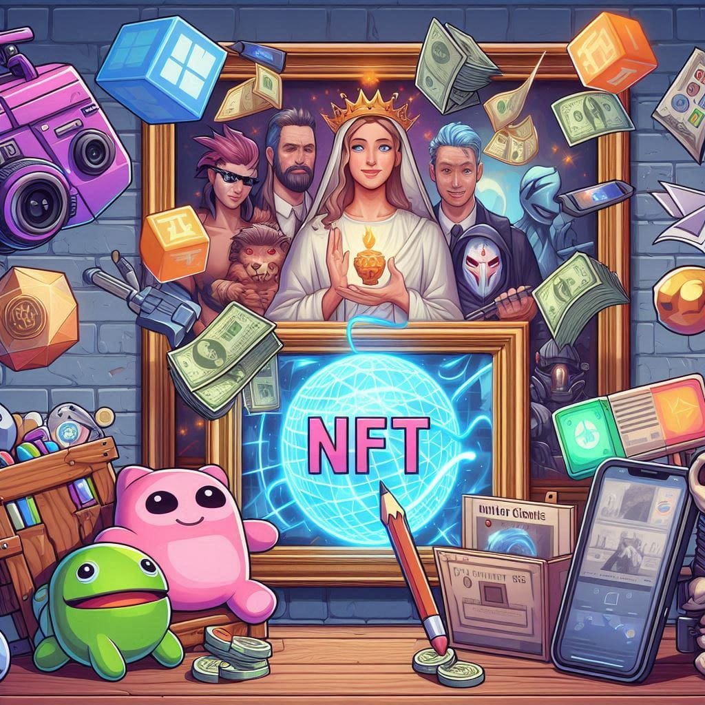 A fun illustration showing digital art, gaming assets, and virtual real estate all represented as NFTs.