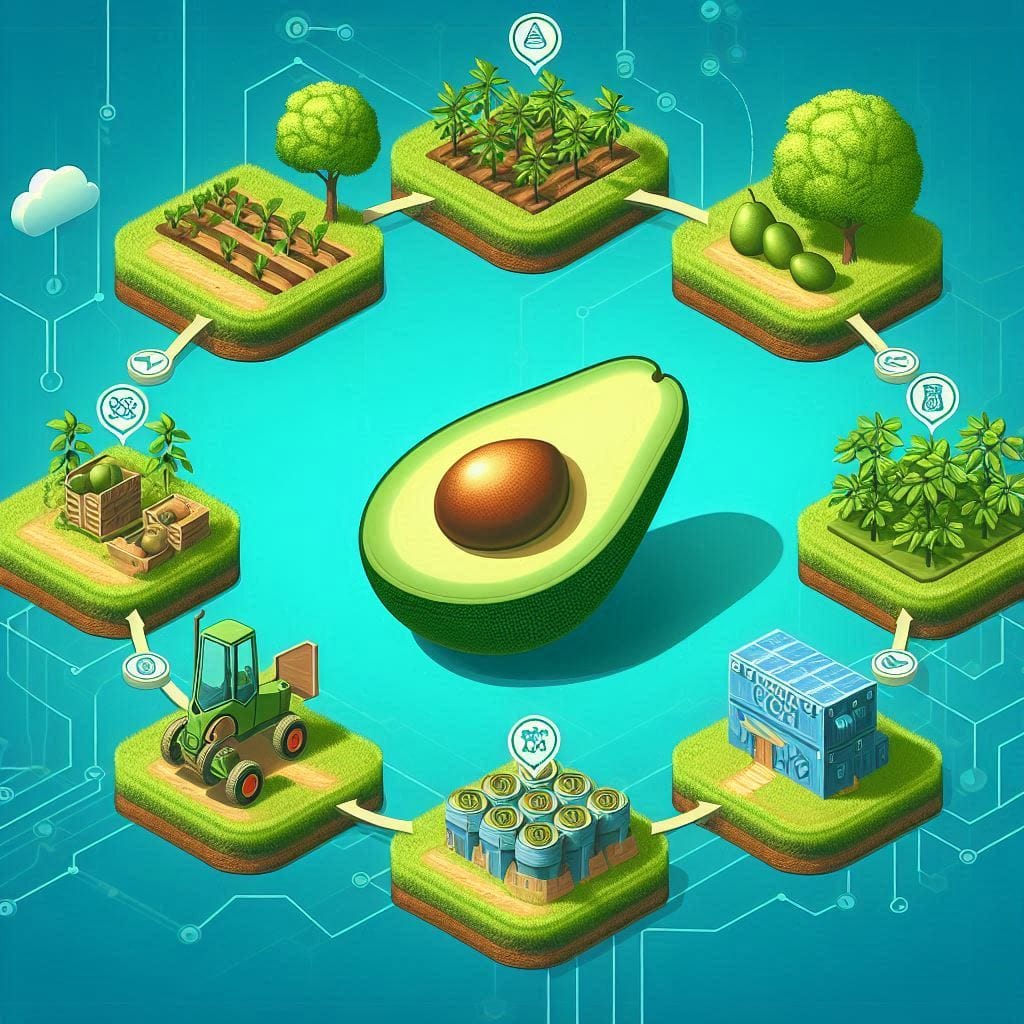 An image showing the journey of a product, like an avocado, from farm to table, with blockchain tracking each step.