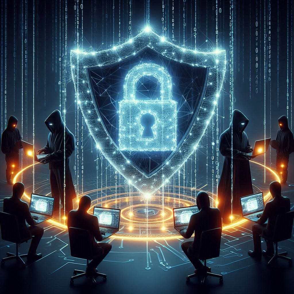 Sensitive data being wrapped or shielded with a digital blockchain shield, protecting it from hackers represented by dark, shadowy figures. Use glowing encryption lines around the data.