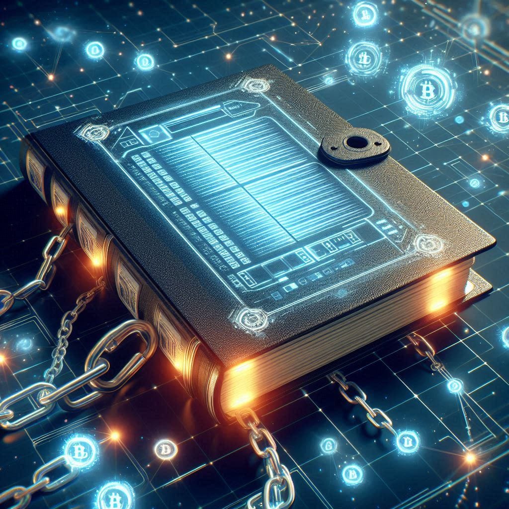 A futuristic digital ledger or notebook with glowing entries, symbolizing unchangeable records. Incorporate blockchain symbols, like interconnected chains or blocks, floating in the background.