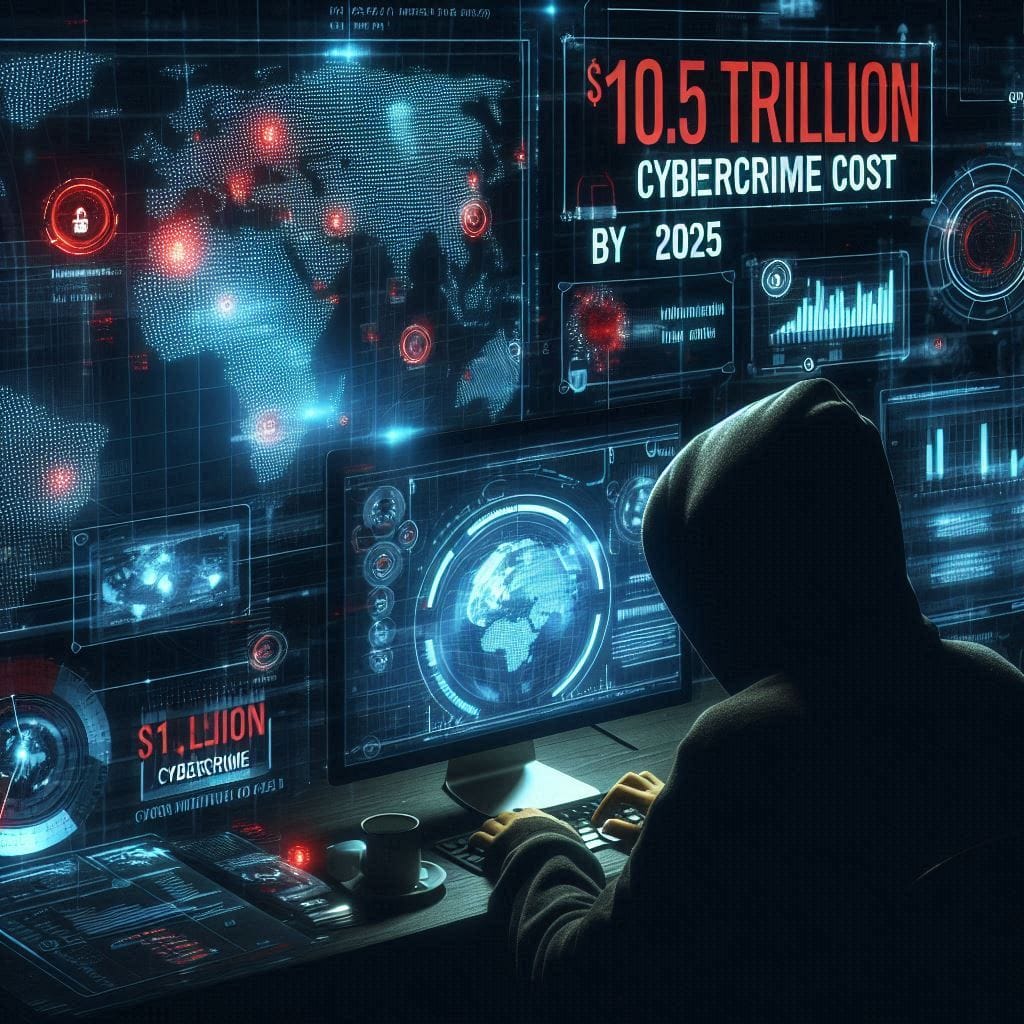 An image depicting a hacker in a dark room with multiple computer screens showing hacking activities and stats like "$10.5 trillion cybercrime cost by 2025." Include visual elements like a digital world map with flashing red dots indicating cyber attacks.