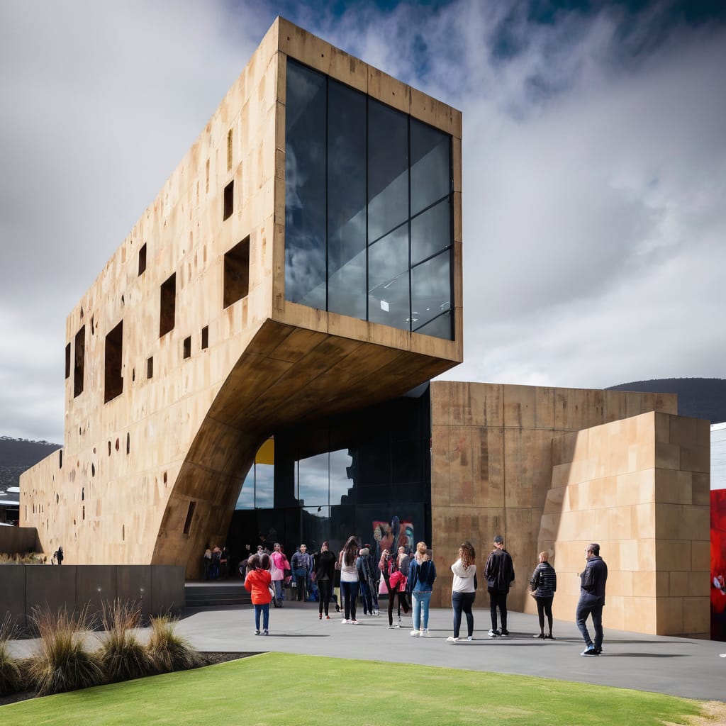 3. "The exterior of the Museum of Old and New Art (MONA) in Hobart, with visitors exploring the modern, artistic architecture."