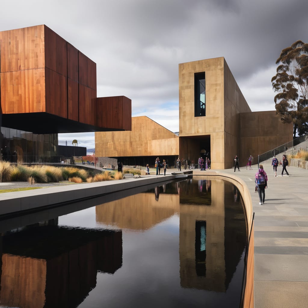 The exterior of the Museum of Old and New Art (MONA) in Hobart, with visitors exploring the modern, artistic architecture."