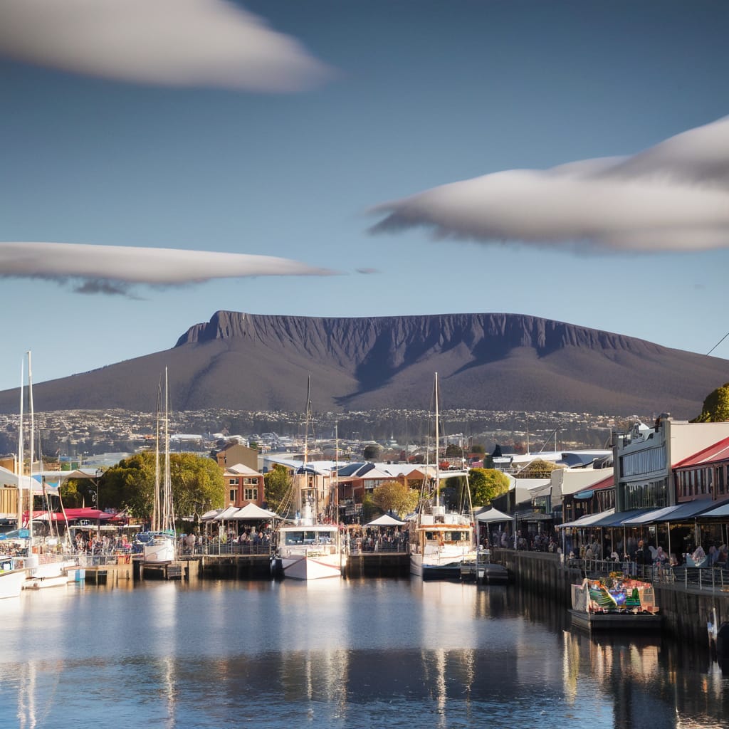 1. A breathtaking aerial view of Tasmania's coastline with white sandy beaches, blue waters, and lush green landscapes, with the text 'Discover the Allure of Tasmania' overlayed.