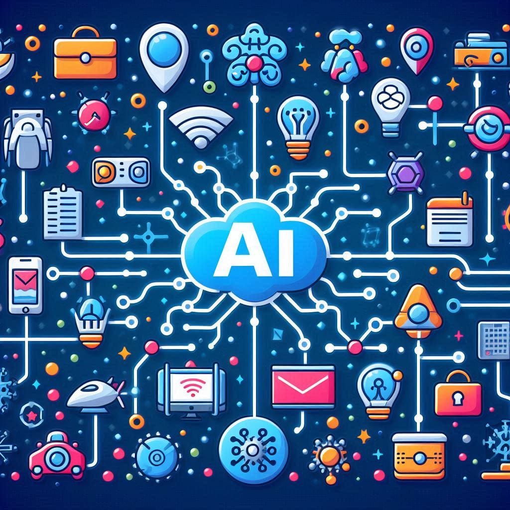 an illustration showing diverse AI startup logos connected by neural network lines, representing various industries like healthcare, finance, and autonomous vehicles.