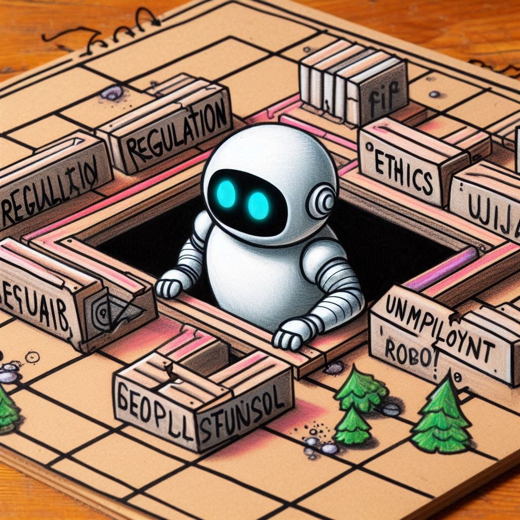 a scene with a robot facing obstacles labeled as 'Regulation', 'Ethics', and 'Unemployment', symbolizing challenges AI startups face