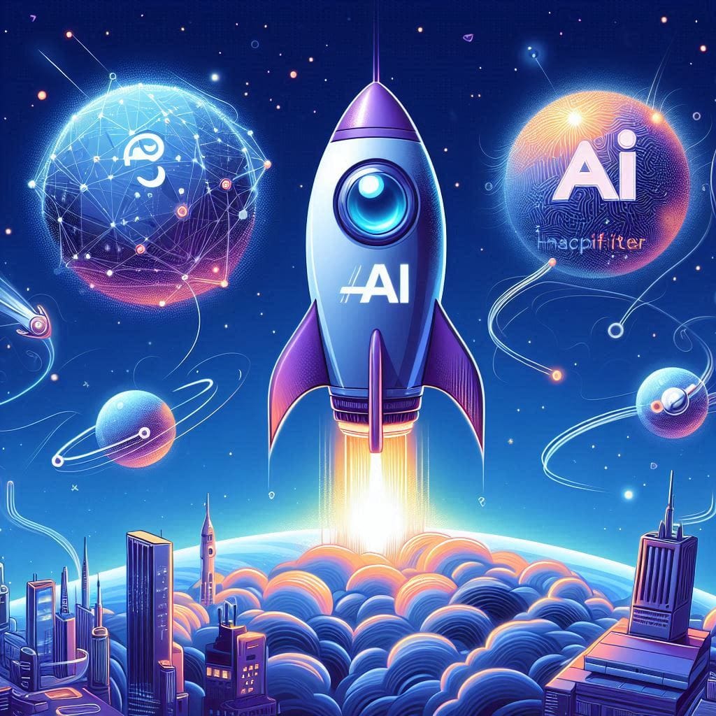 Illustrate a rocket ship labeled 'AI Startups' launching into space, with logos of successful companies like OpenAI and Inflection AI