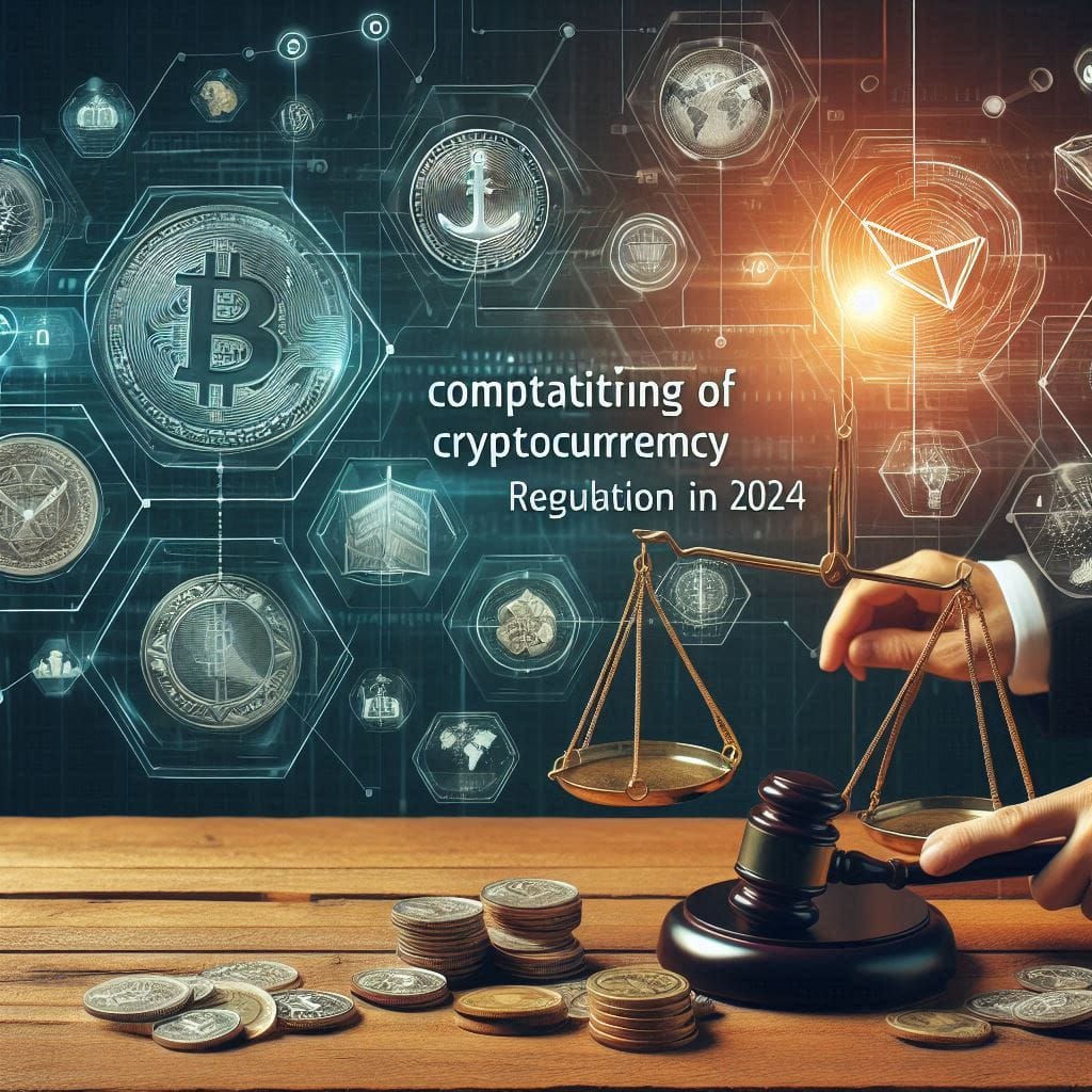 Create a modern, professional title slide with the text 'Navigating the Complex World of Cryptocurrency Regulation in 2024' and include relevant imagery like blockchain symbols, legal scales, and digital currencies