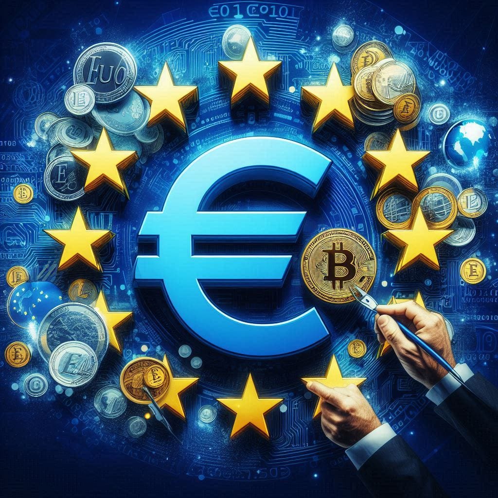 Create a visual of the European Union with the MiCA logo, euro symbols, and digital currencies to depict EU crypto regulations