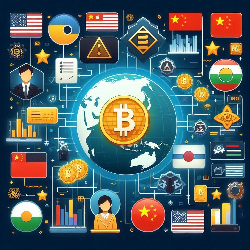 Design an image showing various Asian countries with crypto symbols, regulatory icons, and country flags to highlight the diverse regulatory approaches.