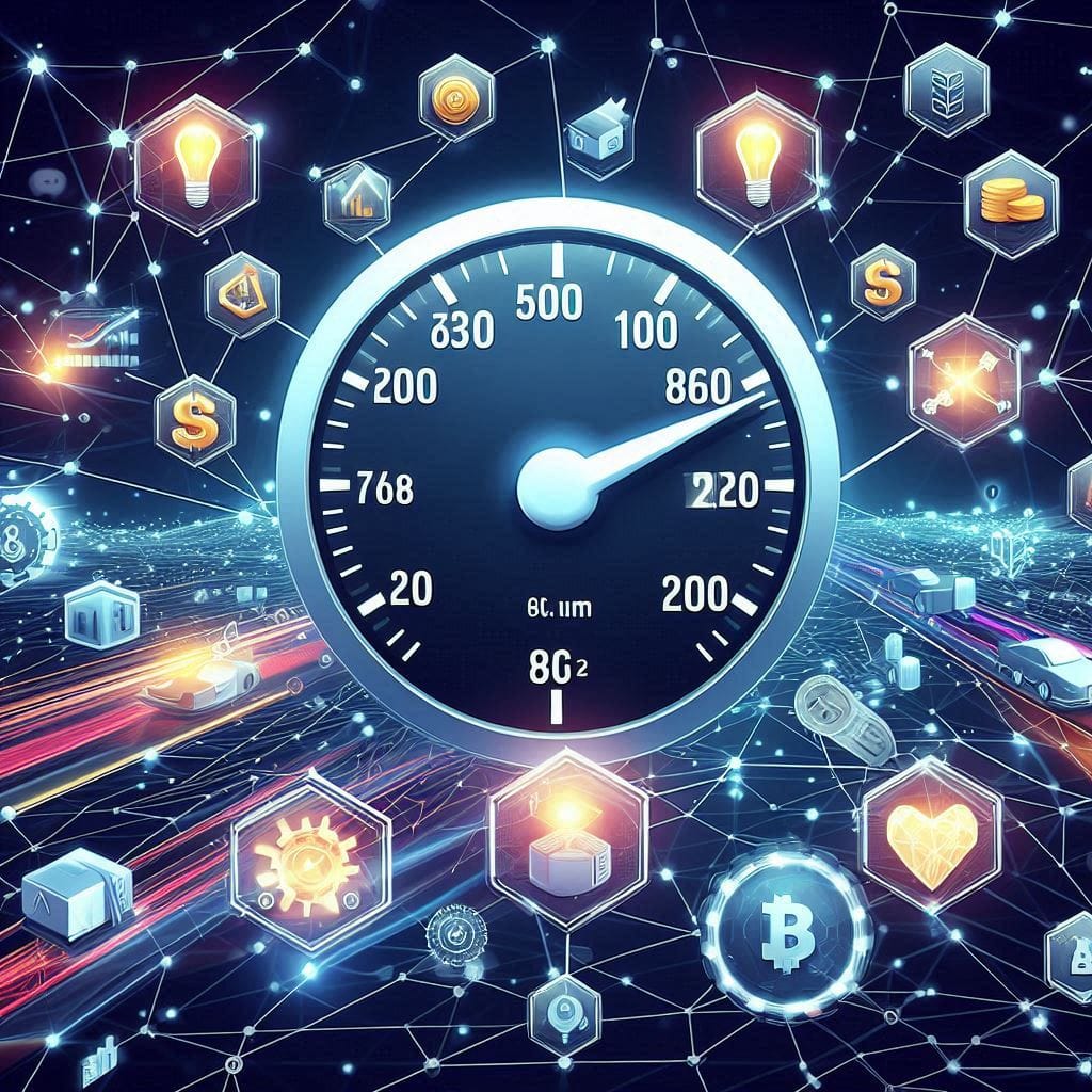 Illustrate crypto market efficiency with symbols like speedometers, transaction nodes, and interconnected blockchain networks