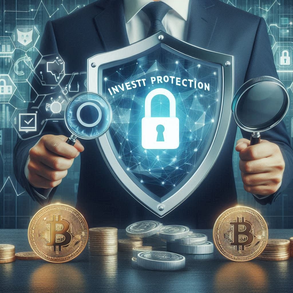 Show investor protection with visuals of a shield, lock, and magnifying glass over cryptocurrency symbols, representing fraud prevention and market integrity