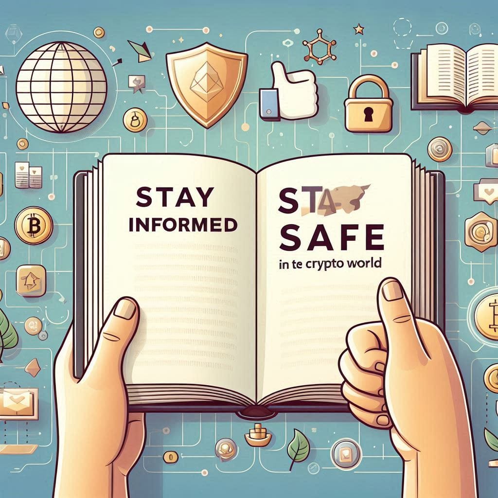 Design a concluding slide with the text 'Stay Informed, Stay Safe in the Crypto World' featuring calming imagery like an open book, digital networks, and a thumbs-up symbol