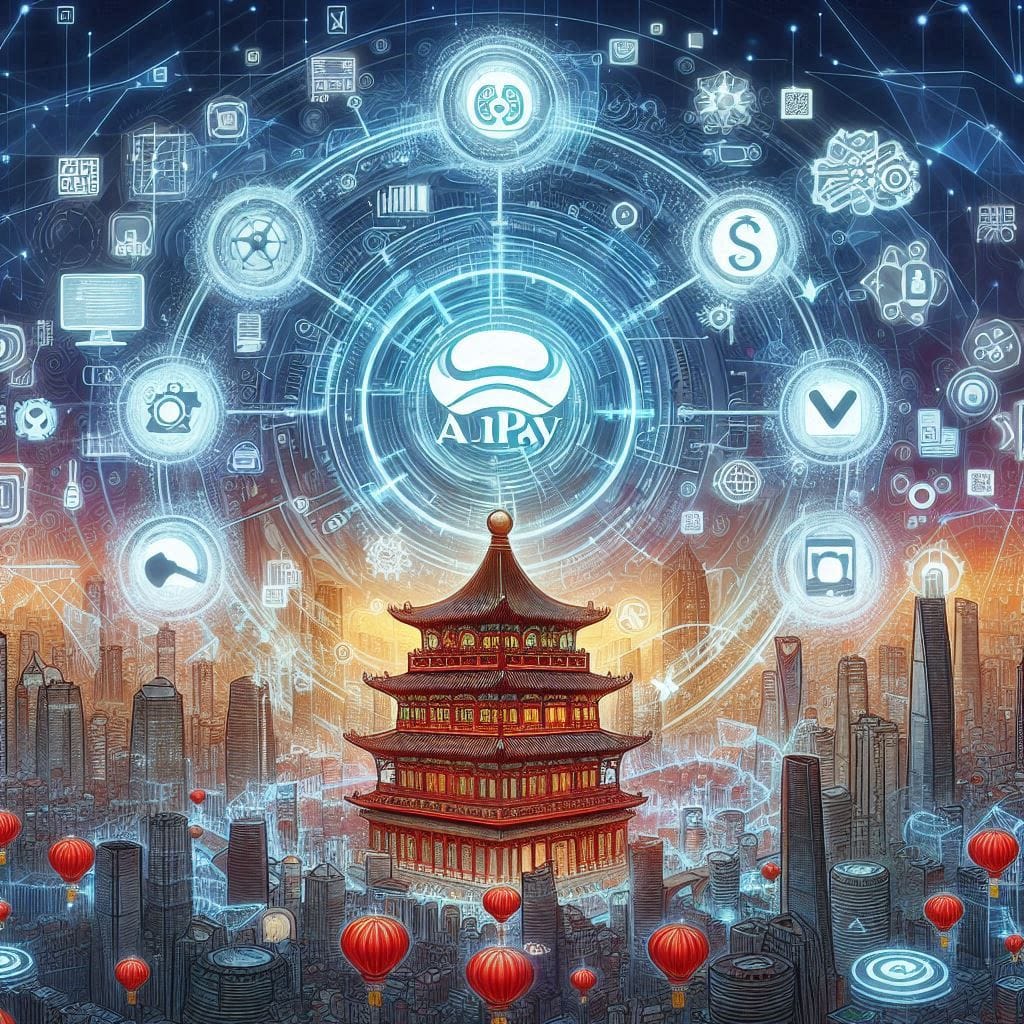 An artistic representation of Ant Group's digital ecosystem with Alipay at the center, surrounded by icons of different financial services (e.g., digital payments, insurance, and blockchain-based solutions). Highlight their massive customer base and regulatory navigation. Include elements of Chinese culture subtly blended into the design.