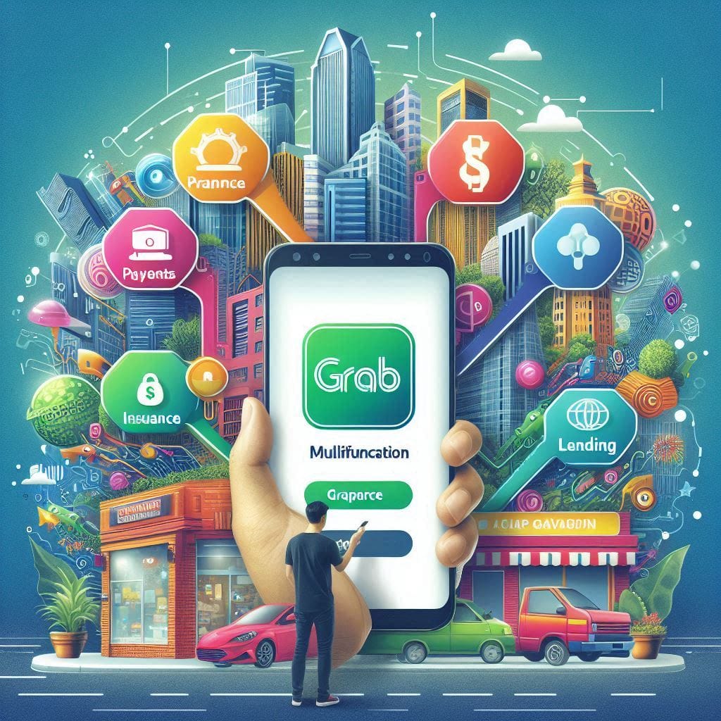 A vibrant depiction of Grab's multifunctional app interface showing digital payments, insurance, and lending services. Include visuals of small businesses and consumers in a Southeast Asian urban setting using these services. Emphasize the integration and user engagement.