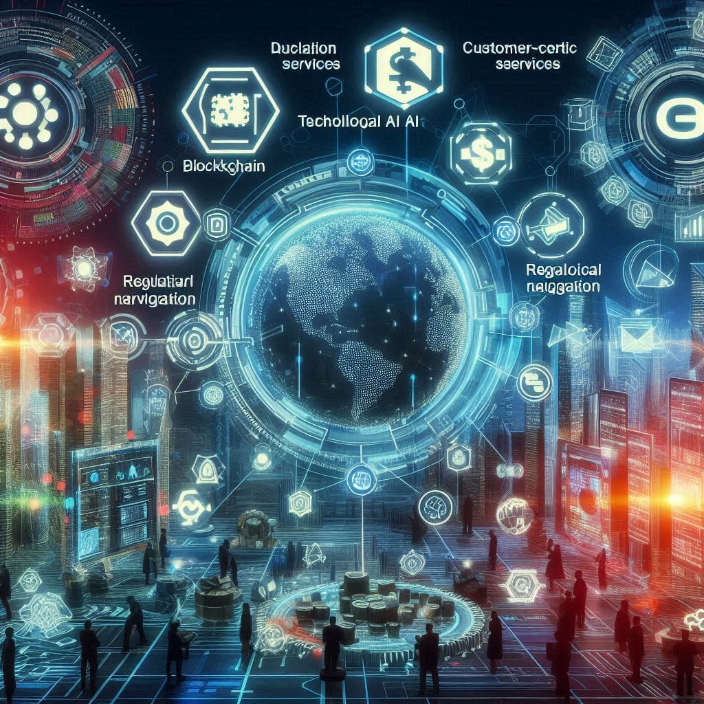 A futuristic scene showcasing various advanced fintech technologies such as blockchain, AI, and data analytics. Visuals of diverse financial transactions happening seamlessly across digital platforms. Include trend keywords like "customer-centric services," "regulatory navigation," and "technological integration.