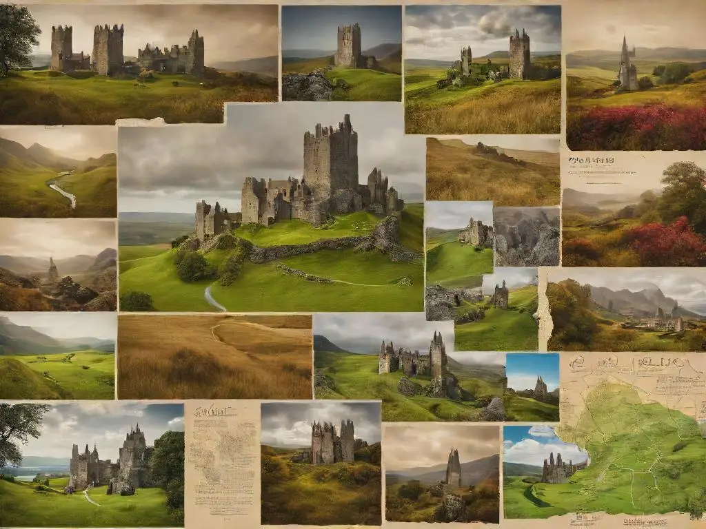 A collage featuring iconic Scottish historical elements: a medieval castle on a hill, ancient standing stones in a grassy field, and an old parchment map of Scotland. The overall atmosphere is one of historical richness and depth.