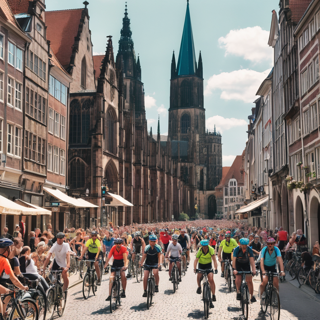 A bustling street in Münster filled with cyclists, showcasing a vibrant mix of people on bikes against the backdrop of historic architecture.