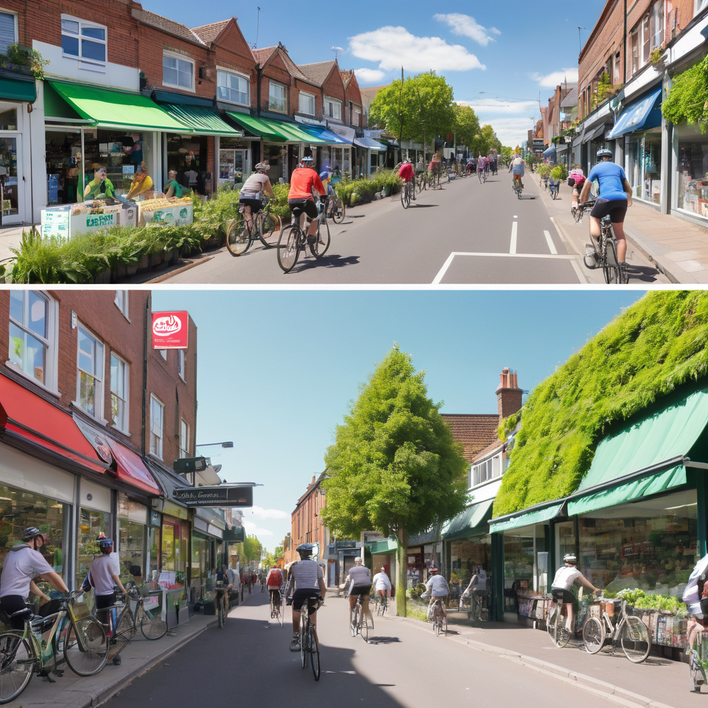 A split image showing the economic benefits (cyclists at local shops) on one side and environmental benefits (clear skies, greenery) on the other.