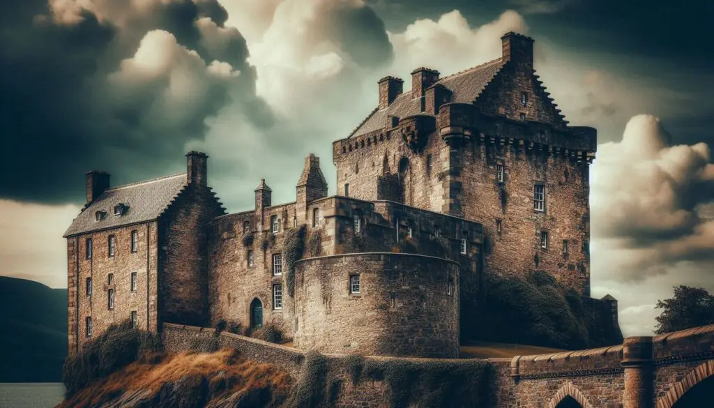 A close-up of an ancient Scottish castle, such as Eilean Donan or Edinburgh Castle, with weathered stone walls, turrets, and ivy climbing the structure. The castle is set against a backdrop of a dramatic, cloudy sky, emphasizing its historic significance.