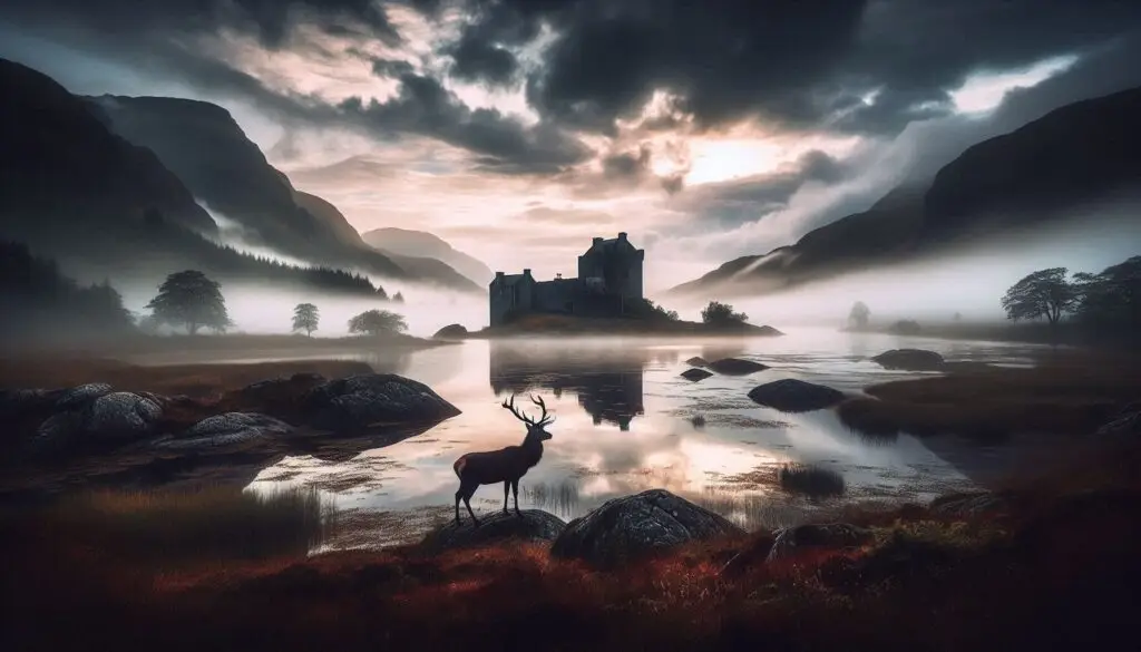 A mystical scene in the Highlands with a fog- covered loch, a lone stag standing on a rocky outcrop, and the silhouette of a distant castle. The sky is painted with dramatic clouds, hinting at the legendary tales woven into the landscape.