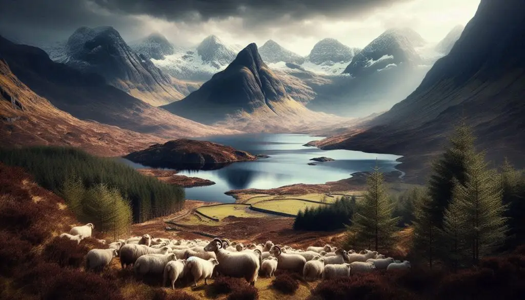 A panoramic view of Scotland’s natural beauty, featuring a crystal-clear loch surrounded by towering, snow- capped mountains, with a flock of sheep grazing in the foreground. The image captures the serene and untamed wilderness of the Highlands.