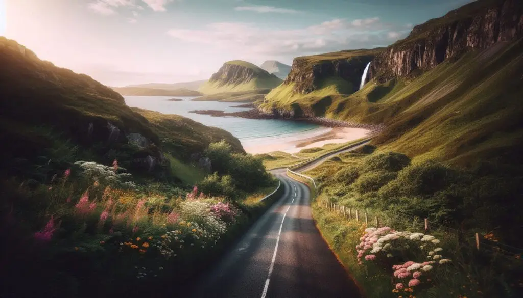 A winding, narrow road cutting through the remote Scottish countryside, lined with wildflowers and leading to a secluded beach or a hidden waterfall. The scene is peaceful and inviting, showcasing the untouched beauty of Scotland’s lesser- known spots.