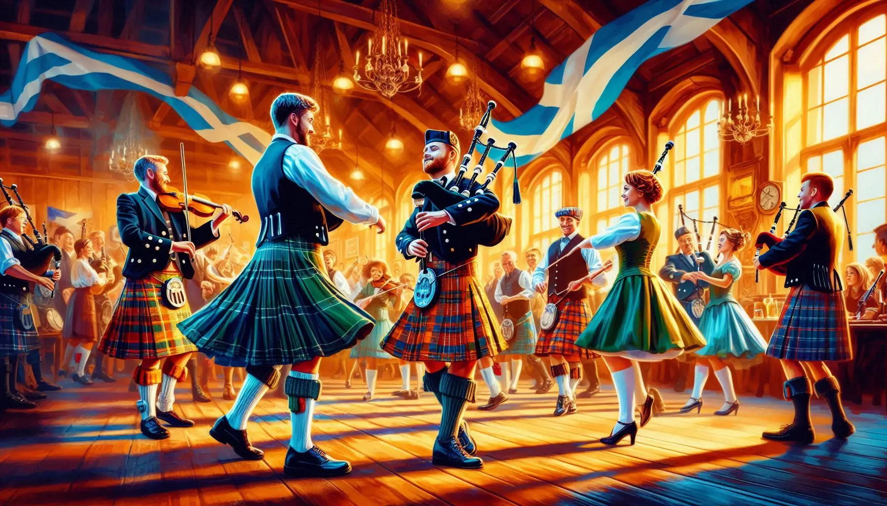 A vibrant scene of a traditional Scottish ceilidh, with dancers in kilts twirling to the music of fiddles and bagpipes. The background shows a cozy, rustic hall with warm lighting, capturing the lively and welcoming atmosphere of Scottish culture.