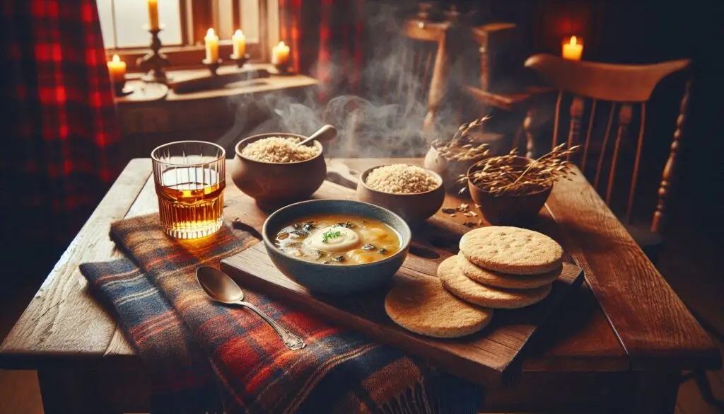 A rustic table set with traditional Scottish dishes, including a steaming bowl of Cullen skink, freshly baked oatcakes,and a glass of whisky. The setting is in a cozy, candlelit room with tartan decor, evoking the warmth and richness of Scottish cuisine.