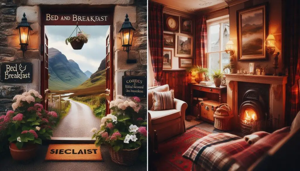 A charming Scottish bed and breakfast in the Highlands, with a welcoming front door adorned with flowers and a sign. The image includes a glimpse of a cozy interior with a roaring fireplace, comfortable seating, and a warm, inviting atmosphere.