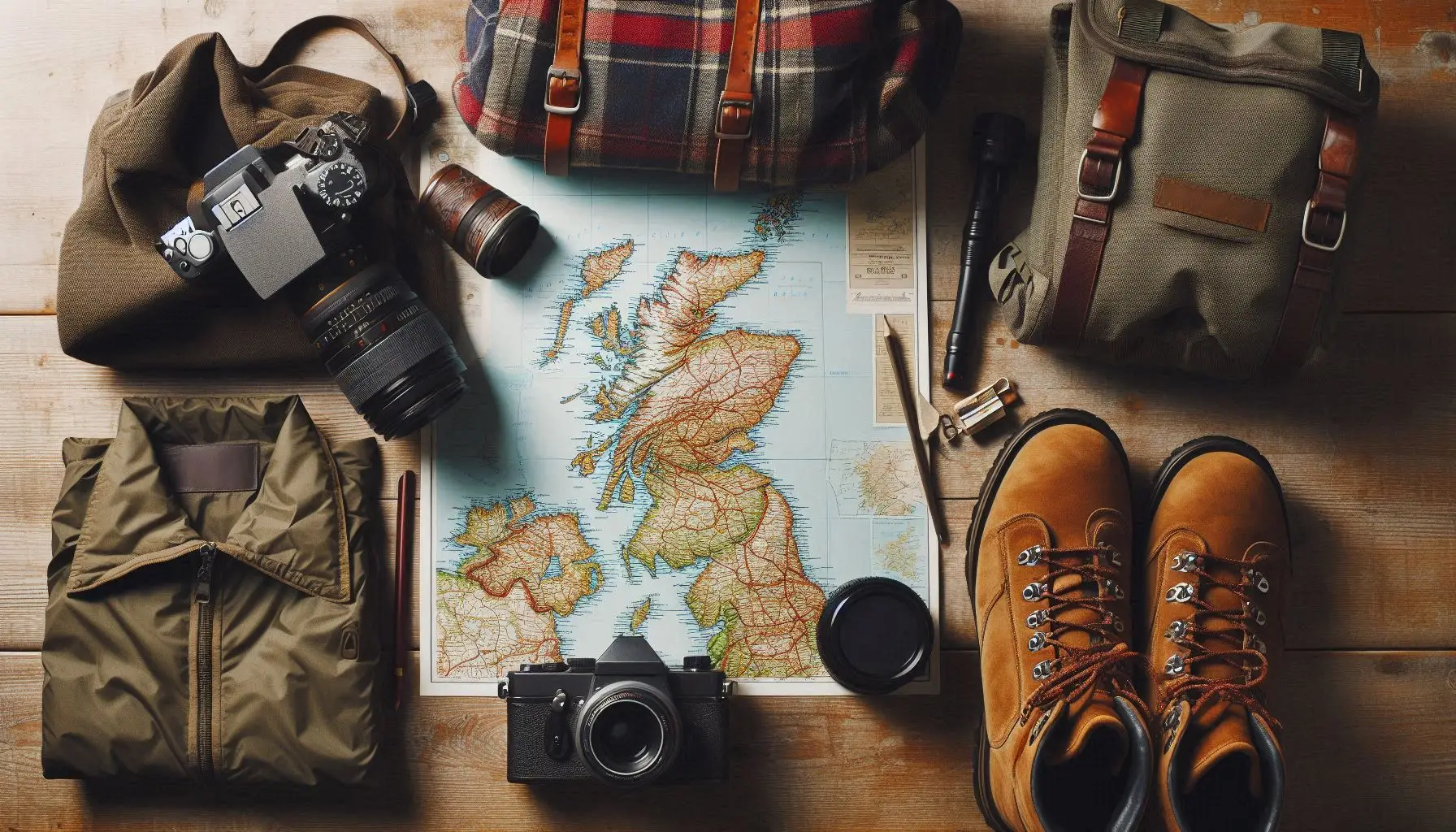 A well-organized travel setup with a map of Scotland, a camera, a weatherproof jacket, and a pair of hiking boots on a wooden table. The scene suggests preparation and adventure, highlighting the essentials for a successful trip to Scotland.