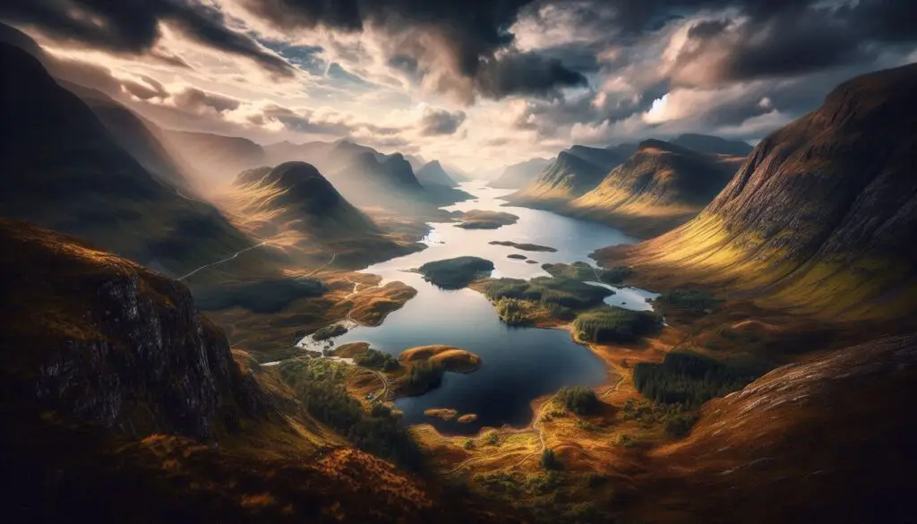 A wide-angle view of Scotland’s diverse landscapes, from the rugged Highlands to the tranquil lochs, with a dramatic sky overhead. The image should convey the vastness and beauty of Scotland, inspiring viewers to embark on their own journey.