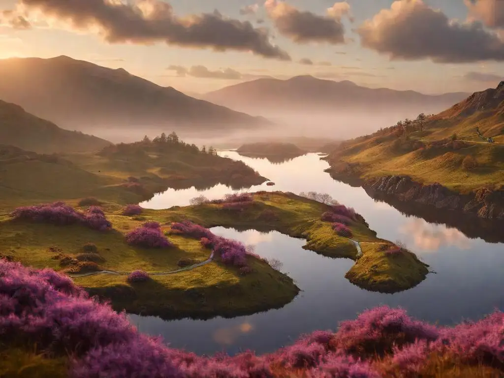 A breathtaking view of the Scottish Highlands at sunrise, with mist rolling over the mountains and a tranquil loch reflecting the golden light. In the foreground, heather-covered hillsides and a winding path leading into the distance evoke a sense of mystery and adventure.