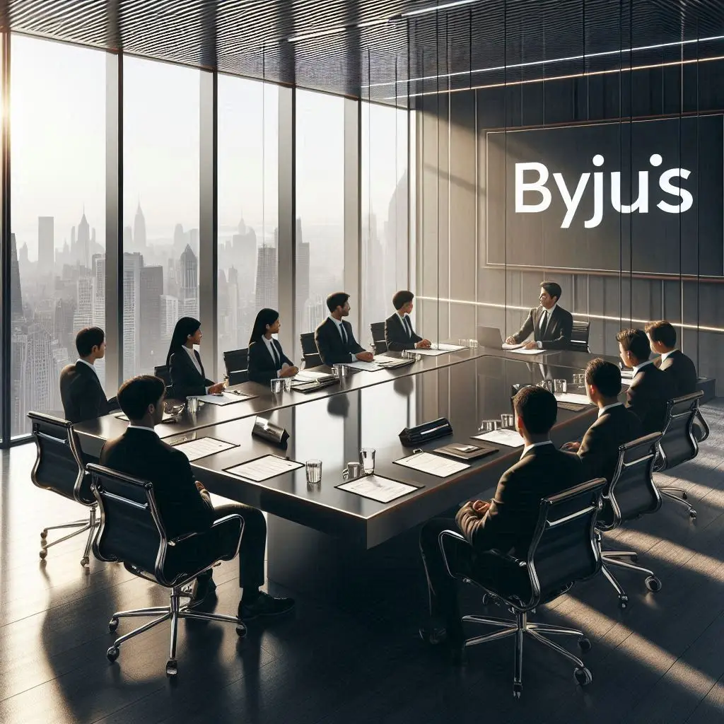 A high-quality image of a corporate boardroom in a modern, sleek office environment. The room should feature a large conference table with professional executives seated around it, engaged in a serious discussion. The walls have large glass windows showing a cityscape in the background. On the table, include a visible Byju’s logo on a document or presentation slide, signifying that the meeting is centered around Byju’s corporate decisions