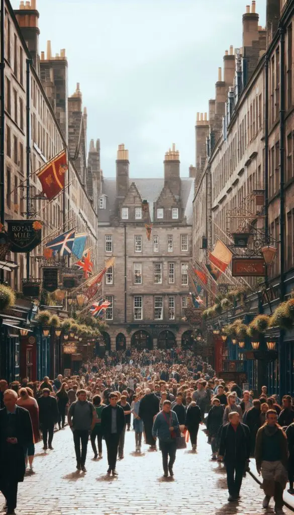 A lively, historic street with grand buildings, cobbled roads, and banners hanging from the windows. The Royal Mile is crowded with people, tourists, and subtle magical symbols—like a hidden wand shop, evoking the feeling of walking through both a real and fantasy world.