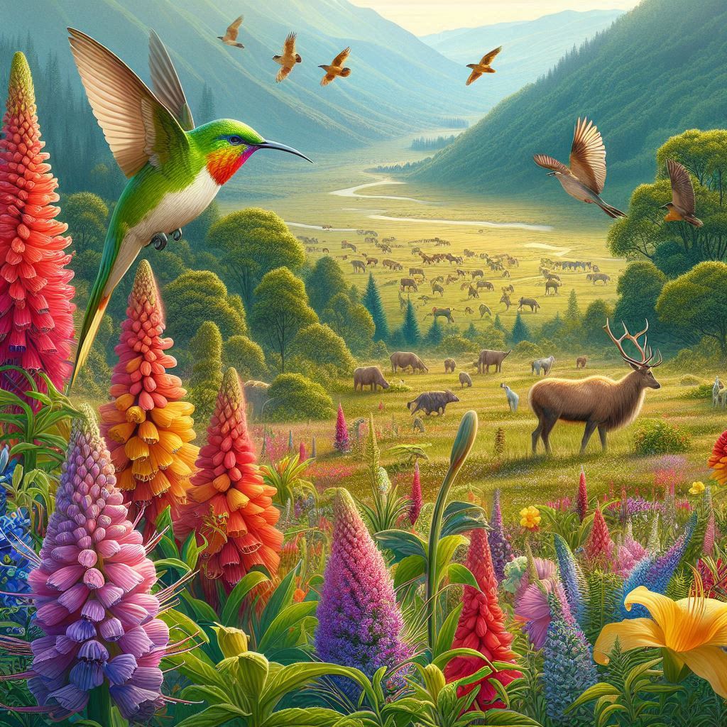 A close-up view of colorful, rare wildflowers blooming across the valley, with exotic birds fluttering above. The background shows dense, green forests, and a grazing herd of animals, embodying the valley's biodiversity