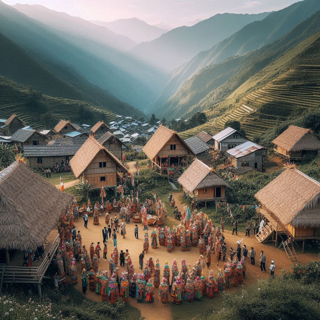 A peaceful village nestled at the edge of the valley, traditional homes with thatched roofs, local people dressed in colorful cultural attire, preparing for a festival. The valley's natural beauty surrounds them, enhancing the cultural scene.