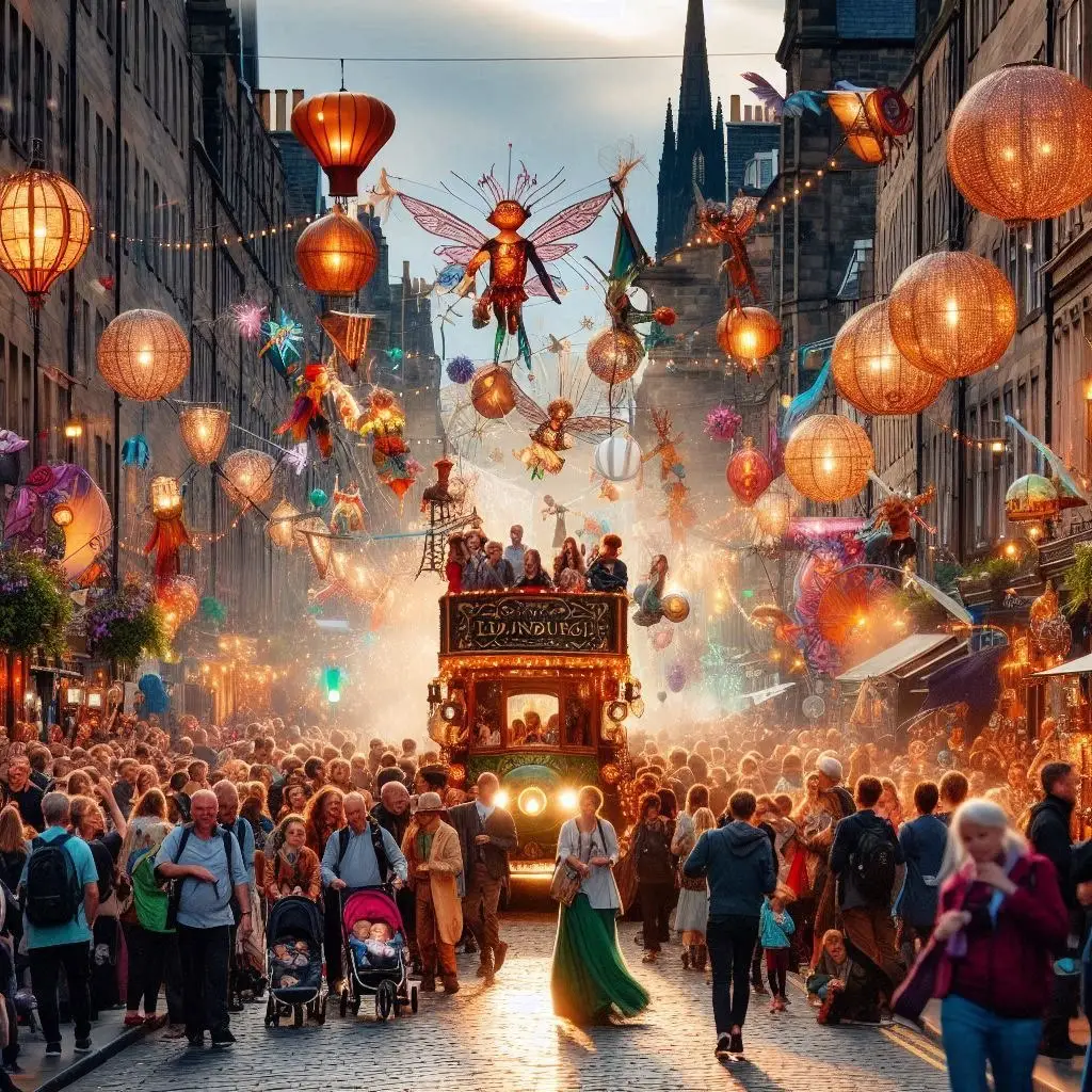 A bustling street scene during Edinburgh's festival season, with street performers, colorful banners, and lively crowds. The atmosphere is full of life, with magical touches like floating lanterns or glowing street decorations that give it a fantasy feel.