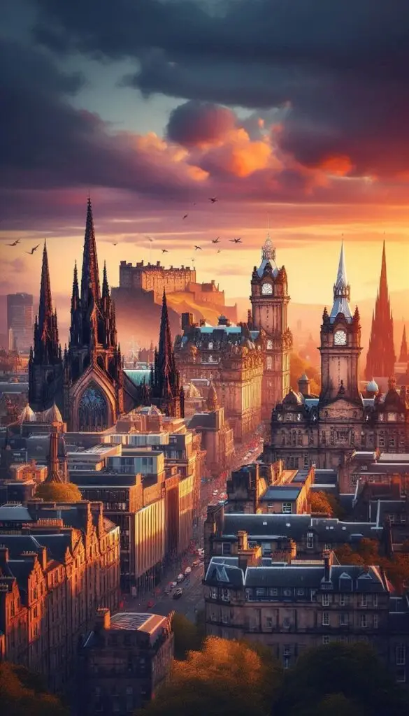 A panoramic view of Edinburgh's skyline at sunset, with the spires of old cathedrals, the modern architecture of the city, and the towering presence of Edinburgh Castle. The image should capture the city’s regal and magical charm, blending ancient and modern beauty.