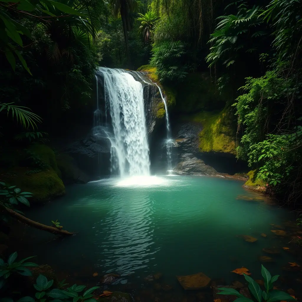 A mysterious and enchanting scene of a waterfall cascading into a secluded jungle pool, surrounded by lush vegetation. Geography and Climate: The Lush Landscape of Meghalaya