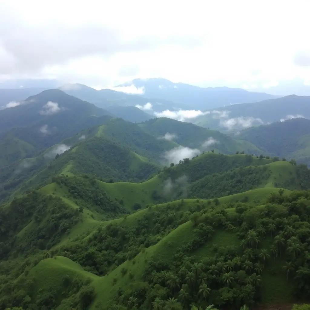 A panoramic view showcasing the rolling green hills of Meghalaya during the monsoon season, with mist rising from the valleys.