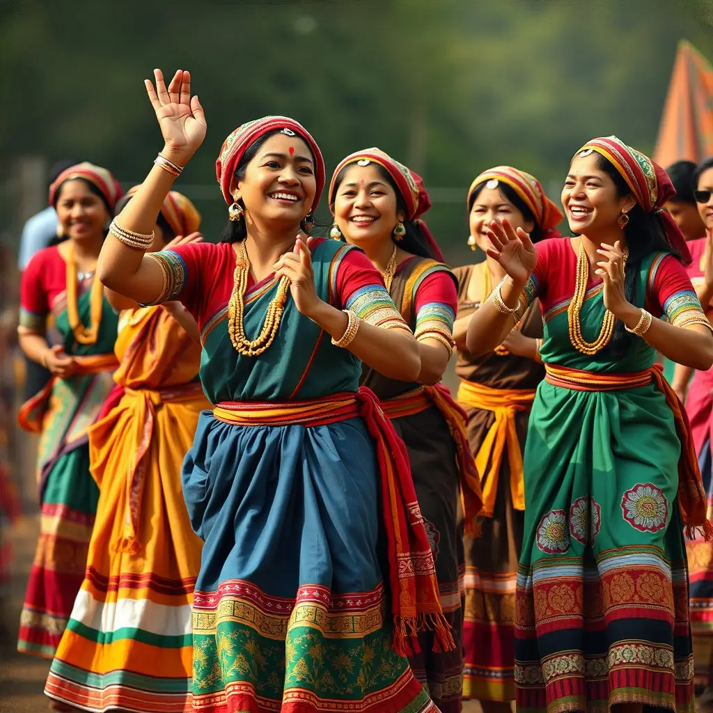 A depiction of Khasi tribal women in traditional attire, engaged in a cultural dance, with vibrant costumes and joyful expressions.