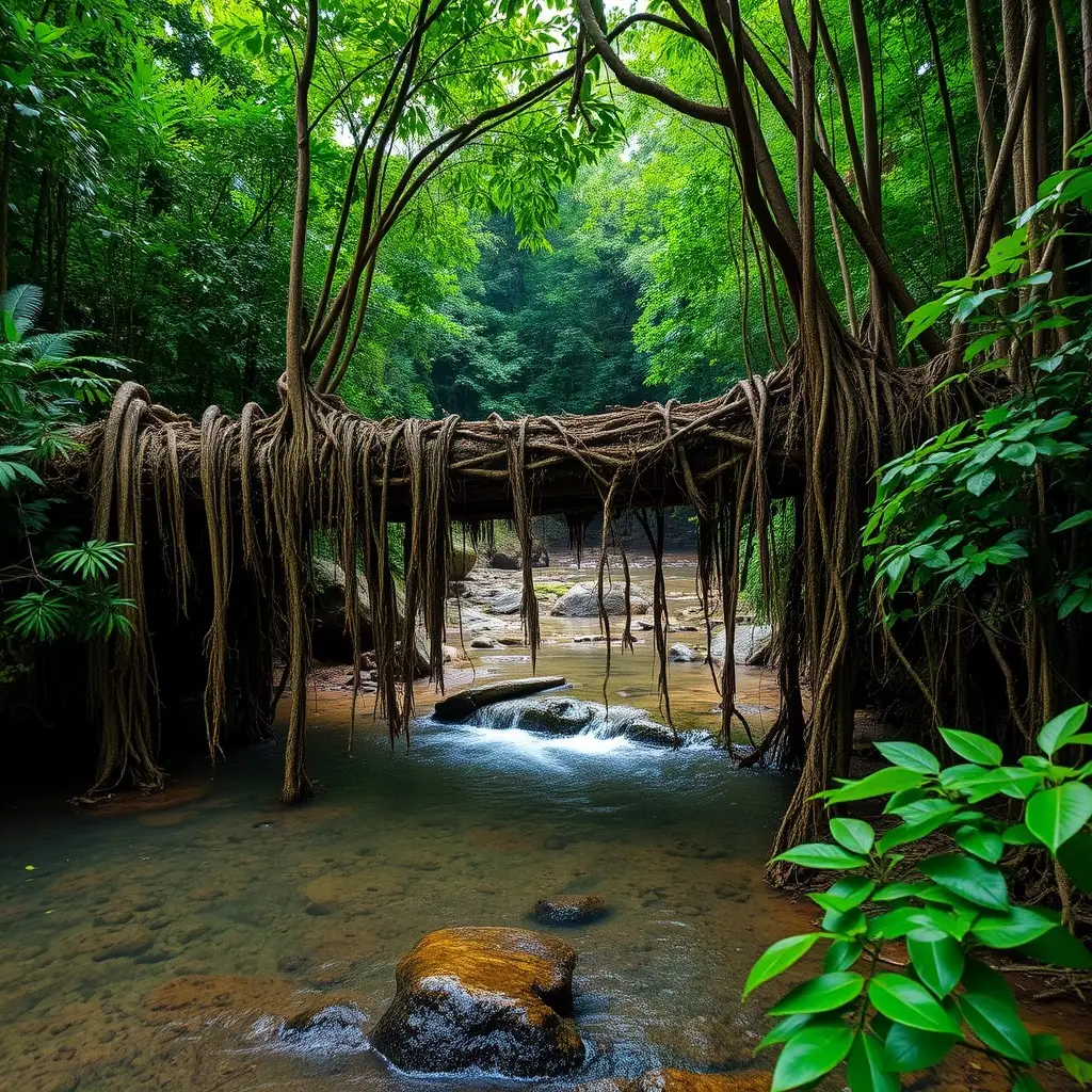 An image of the living root bridges, with roots intertwining to form a bridge over a clear stream, framed by dense jungle foliage