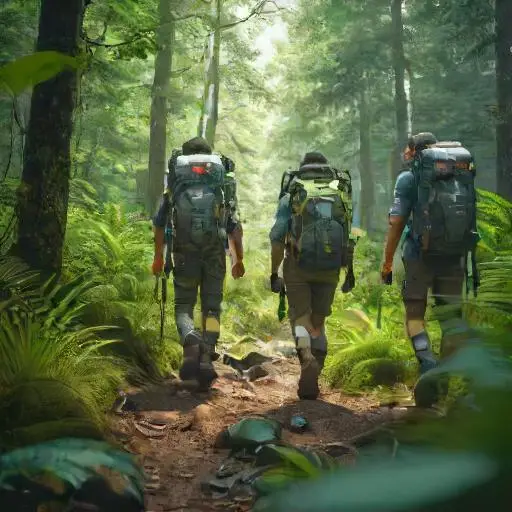 A group of trekkers navigating a rugged trail in the forest, with backpacks and hiking gear, surrounded by thick greenery. Local Cuisine: A Taste of Meghalaya's Unique Flavors